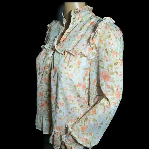 CeCe Floral Lace Blouse Pink Long Sleeve Top Feminine Mock Neck Pearls Small - Picture 4 of 10